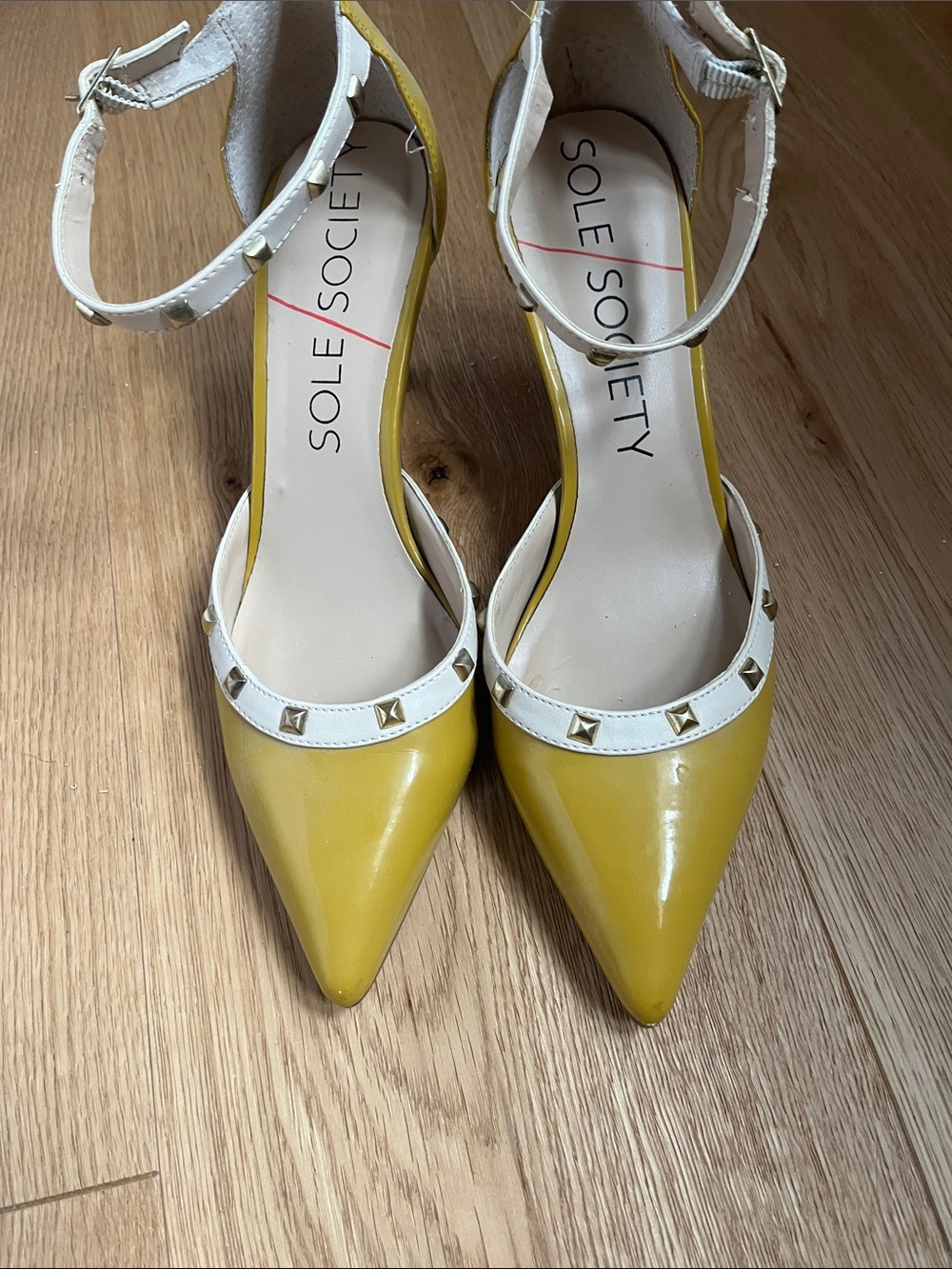 Sole Society Yellow Pointed-Toe Ankle-Strap Pumps with Cream Stud Trim